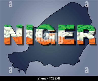 The contours of territory of Niger and Niger word in colours of the national flag, green, white and orange. Africa continent Stock Vector