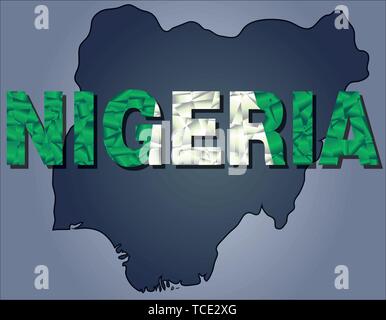 The contours of territory of Nigeria and Nigeria word in colours of the national flag, white and green. Africa continent Stock Vector