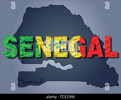 The contours of territory of Senegal and Senegal word in colours of the national flag Stock Vector