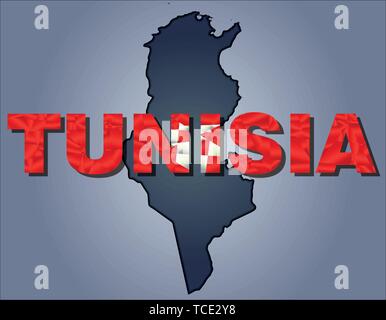 The contours of territory of Tunisia and Tunisia word in colours of the national flag, red and white. Africa continent Stock Vector