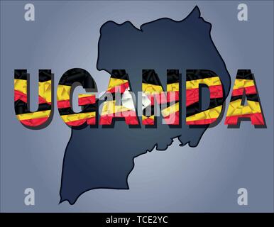 The contours of territory of Uganda and Uganda word in colours of the national flag, red, yellow, black and white. Africa continent Stock Vector