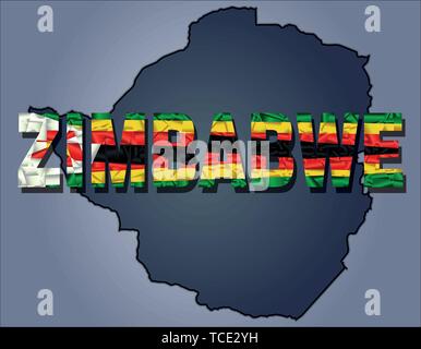 The contours of territory of Zimbabwe and Zimbabwe word in colours of the national flag, red, yellow, white, black and green. Africa continent Stock Vector