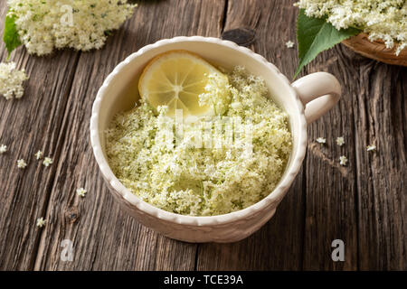 Elder flowers and lemon macerating in water - preparation of homemade syrup Stock Photo