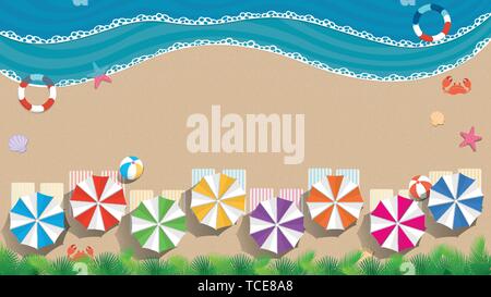 Beach and sea background with copy space. Aerial view of a beach with colored umbrellas, towels with colored stripes, crabs, shells, sea star, balls Stock Vector