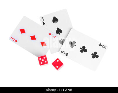 Three cards and dices isolated on white Stock Photo