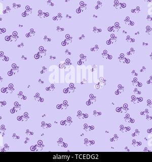 Seamless pattern on a light lilac background. Violet bicycles of various sizes. Repeating texture. Purple image. Design for textiles, fabrics, backgro Stock Vector