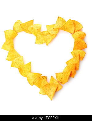 Delicious potato chips heart shape isolated on white Stock Photo