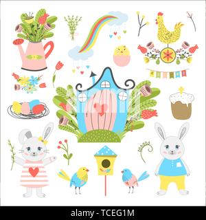 Big collection of Easter bunnies, Easter cake, rooster, eggs, flowers, a house, a rainbow, a ribbon, birds, a birdhouse, a willow and a watering can.  Stock Vector