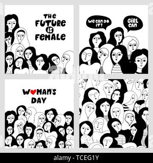 Big set with female faces card and motivating lettering compositions - girl power and feminism concept. Happy international Women's Day. Stock Vector