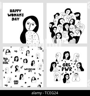 Big set with female faces and motivating lettering compositions - girl power and feminism concept. Happy international Women's Day. Stock Vector