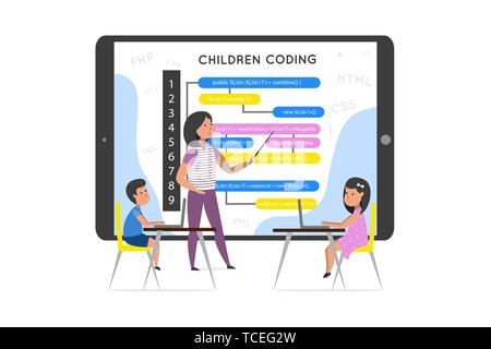 A teacher is using a tablet explains  coding for children. Vector illustration. Children coding. Stock Vector
