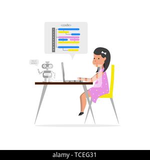 Small girl sitting in front of her laptop and writing code. Robotics technology. Children coding. Vector illustration. Stock Vector