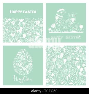 Folk art collection is set of three greeting cards with Easter egg, chicken, flowers  and a seamless pattern in scandinavian style. Happy Easter templ