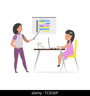 Small girl sitting in front of her laptop computer and listen teacher. Children coding. Vector illustration. Stock Vector