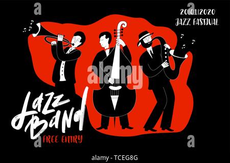 Vector illustration with three musicians (saxophonist, chimney sweep, cellist). International Jazz Day. Doodle style Stock Vector