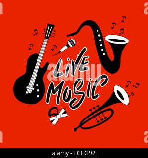 Jazz music festival poster with lettering "Live Music". International Jazz Day. Vector hand drawn illustration. Stock Vector