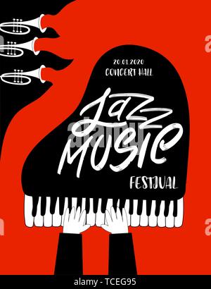Jazz music festival poster with piano and trumpets. International Jazz Day. Vector hand drawn illustration. Stock Vector