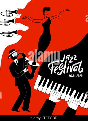Jazz music festival poster with musical instruments. International Jazz Day. Vector hand drawn illustration. Stock Vector