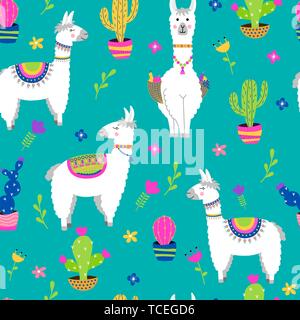 Seamless pattern with llama, cactus, flowers. Vector illustration. Stock Vector