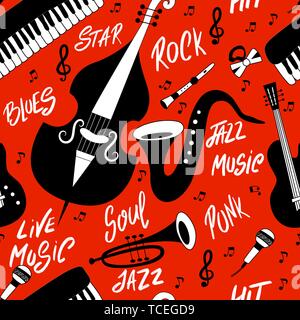 Jazz music seamless pattern with musical instruments. Vector. Stock Vector