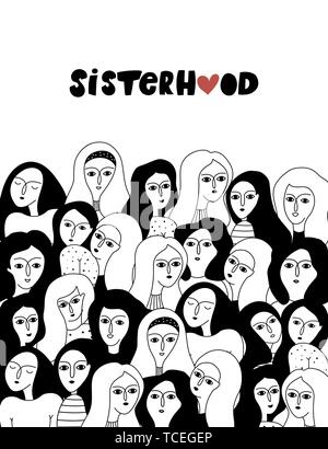 Black and white illustration with women faces. Happy women's day. Sisterhood. Feminism. Vector templates for card, poster and flyer. Stock Vector