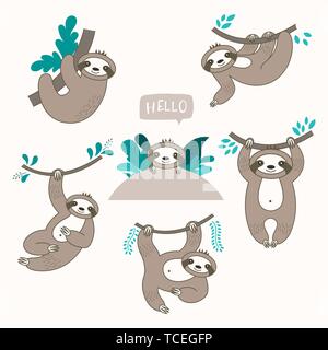 Vector set of cute sloths in different positions. Cartoon funny kawaii characters. Can be used for cards, flyers, poster, t-shirt. Stock Vector