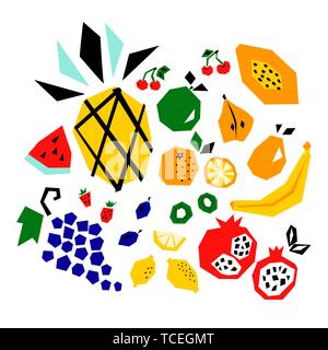 Vector isolated set of cutout fruit   pineapple, apple, oranges, kiwi, pears, lemons, cherries, strawberries. Vector illustration. Stock Vector