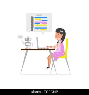 Small girl sitting in front of her laptop and writing code. Robotics technology. Children coding. Vector illustration. Stock Vector