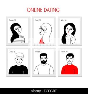A set of six people who are looking for love on a dating site. Online dating concept.  Vector illustration.