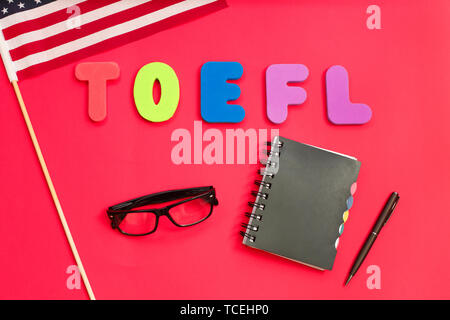 Test of English multiple choice on table. Top view, flatlay. USA exam. Speaking English Language Concept, Test of English, Stock Photo