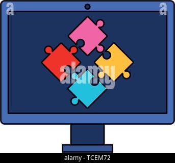 desktop with puzzle game pieces solution Stock Vector