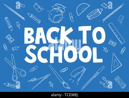 Back To School doodle with stationary tools. Vector illustration blueprint doodle on wide background. Hand drawn outline of stationary tools. Stock Vector