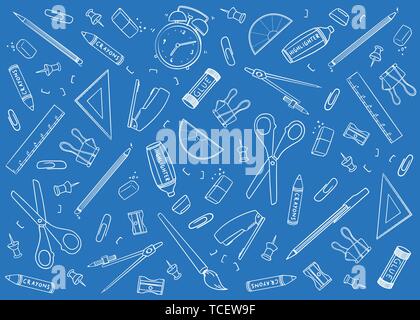 Blueprint of Stationary tools background, Vector illustration doodle on wide background. Hand drawn outline of stationary tools. For print, web, home Stock Vector