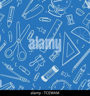 Blueprint of Stationary tool pattern. Seamless vector design; Hand drawn outline of eraser, triangular ruler, scissor, sharpener, pencil, glue stick, Stock Vector