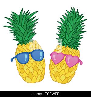 Pineapples wearing sunglasses, isolated on white background. Pineapple juice, tropical fruit, summer holiday, vacation, concept, beach, travel. Vector Stock Vector