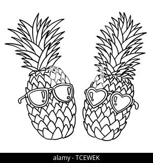 Pineapples wearing sunglasses, Black outline on white background. Pineapple juice, tropical fruit, summer holiday, vacation, concept, beach, travel. V Stock Vector