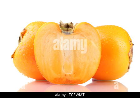 Appetizing persimmons with droplets isolated on white Stock Photo