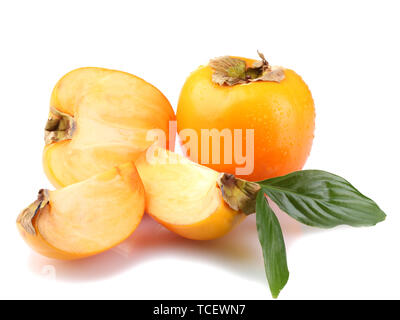 Appetizing persimmons with droplets isolated on white Stock Photo