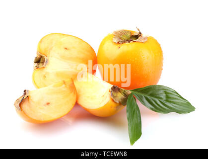 Appetizing persimmons with droplets isolated on white Stock Photo