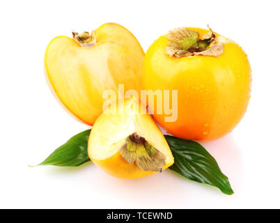 Appetizing persimmons with droplets isolated on white Stock Photo