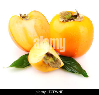 Appetizing persimmons with droplets isolated on white Stock Photo