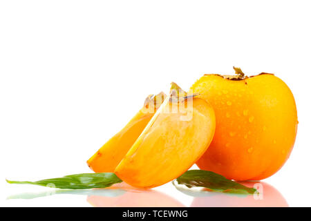 Appetizing persimmons with droplets isolated on white Stock Photo
