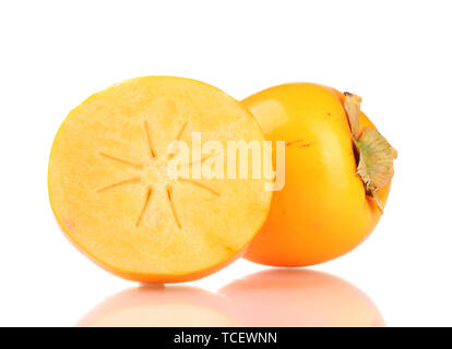 Appetizing persimmons with droplets isolated on white Stock Photo