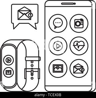 smartwatch and smartphone with play button and picture Stock Vector