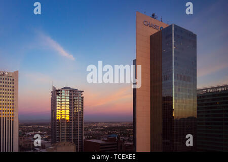 Phoenix, ARIZONA - October 21 2017: Skyscrapers in central Phoenix in sunrise light viewed from the 22nd floor. Stock Photo