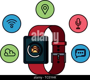 smartwatch with envelope email and applications set Stock Vector