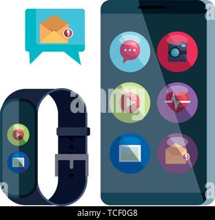 smartwatch and smartphone with play button and picture Stock Vector