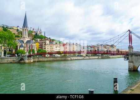 View of the Saone river, Saint Georges church and bride, and Notre-Dame basilica, in Lyon, France Stock Photo