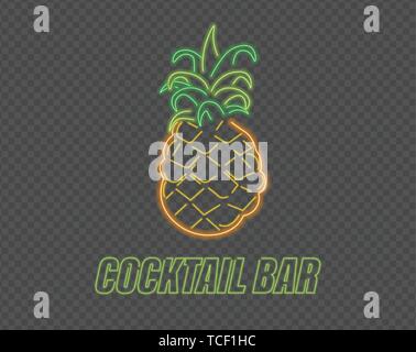 Neon pineapple cocktail sign Vector. Summer party banner poster menu Stock Vector