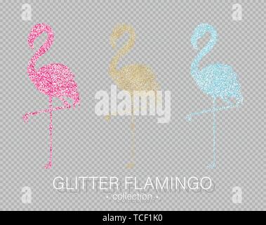 Golden and colorful glitter flamingos shining banner Vector. Night club poster label. Bright sparkling signboard Stock Vector